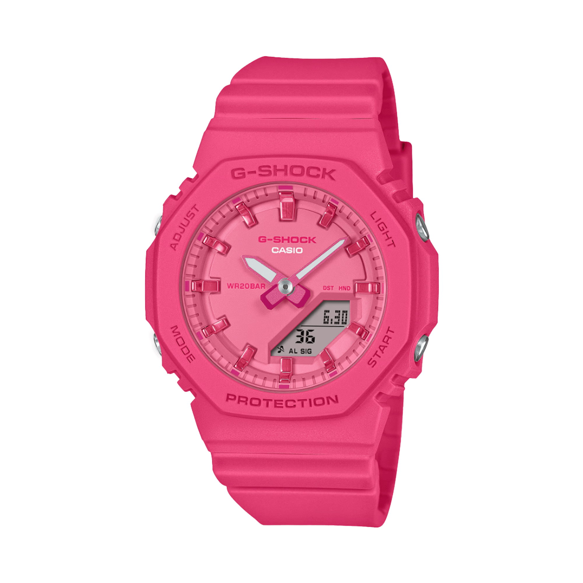 Casio G-SHOCK GMA-P2100PP-4A analogue digital watch with pink bio-based resin band, compact octagonal case, and shock-resistant design.