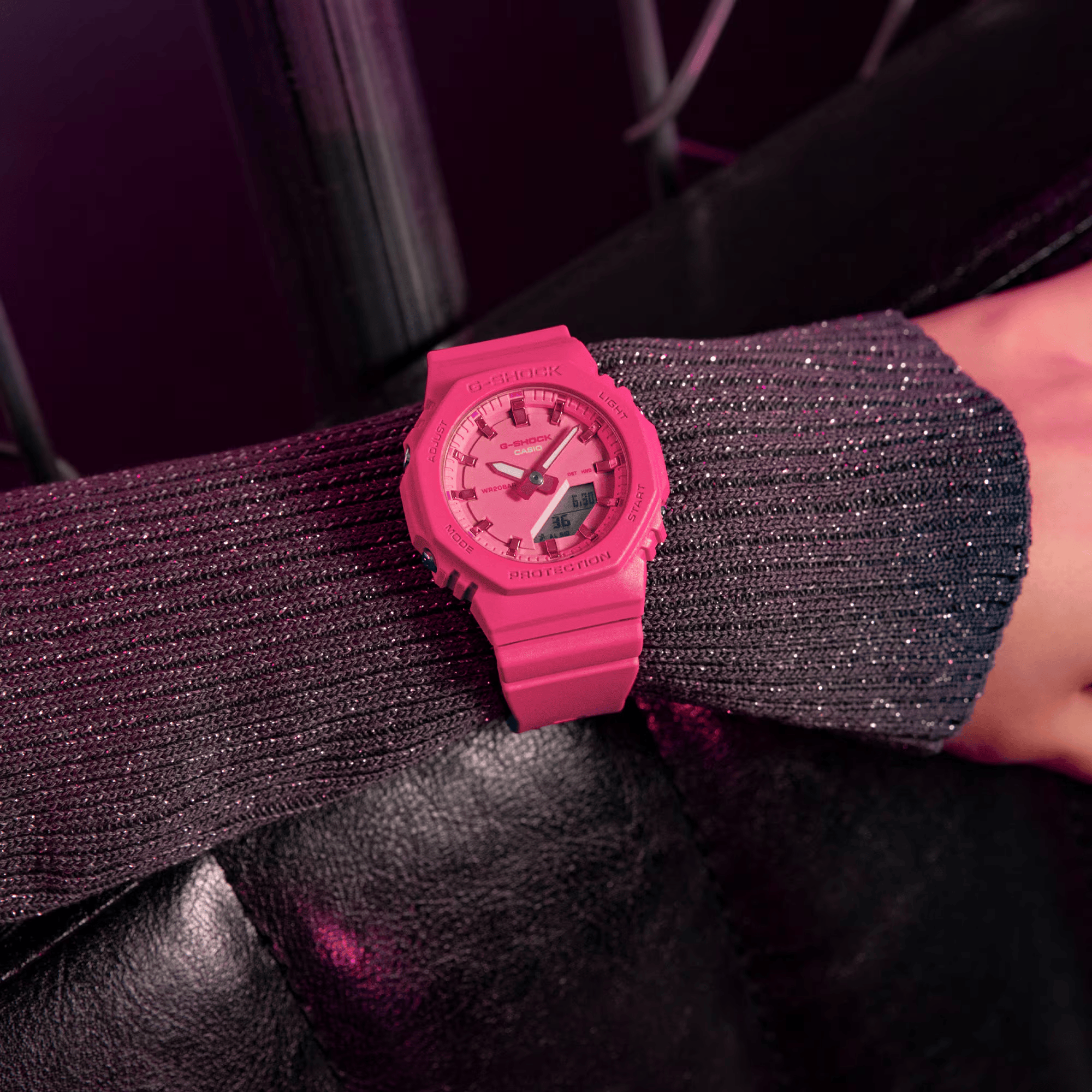 Casio G-SHOCK GMA-P2100PP-4A analogue digital watch with pink bio-based resin band, compact octagonal case, and shock-resistant design - on hand