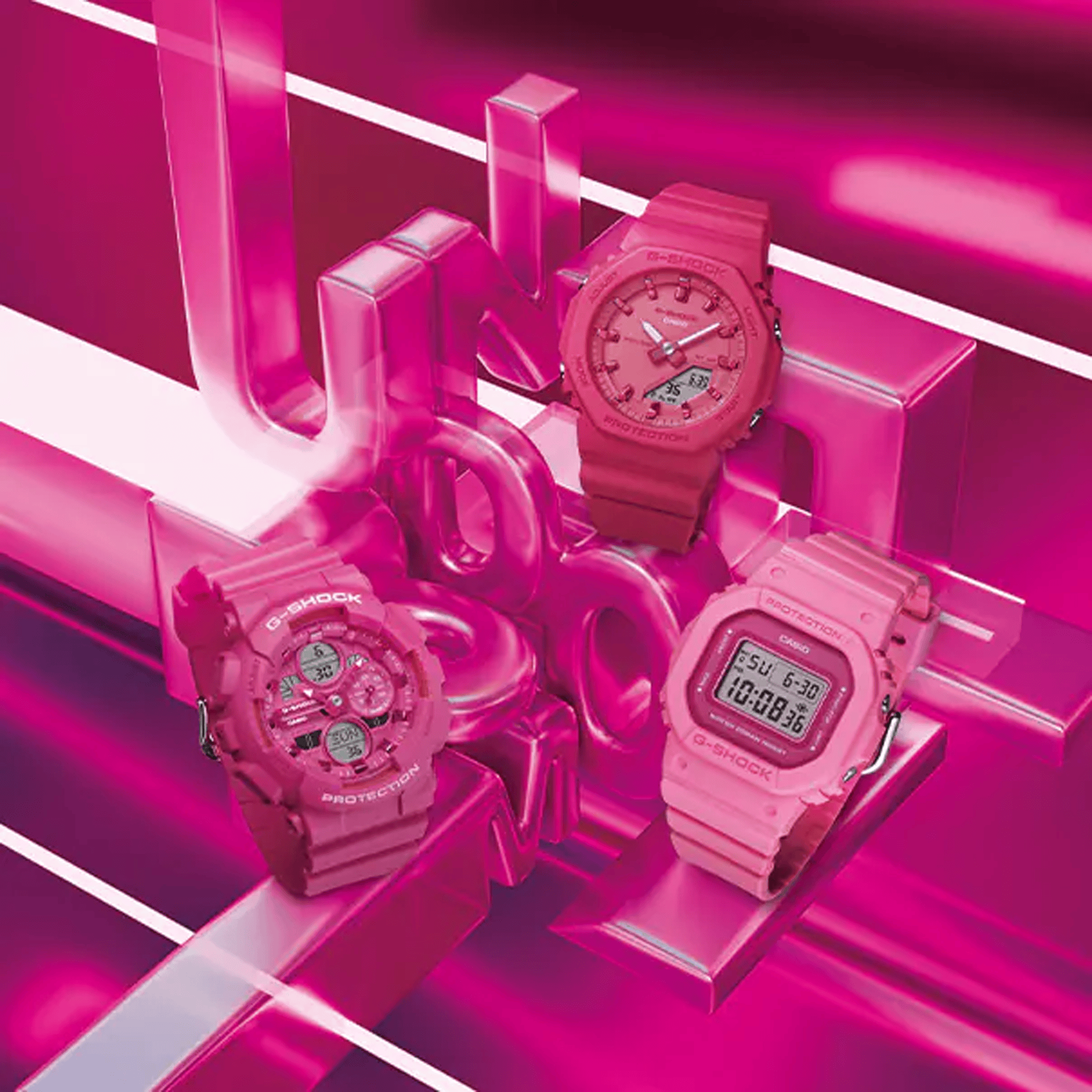 Casio G-SHOCK GMA-P2100PP-4A analogue digital watch with pink bio-based resin band, compact octagonal case, and shock-resistant design.