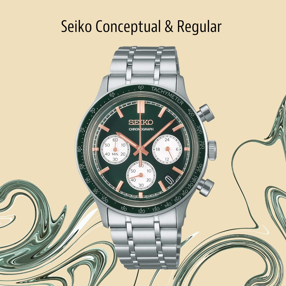 Seiko watch with green dial and silver bracelet