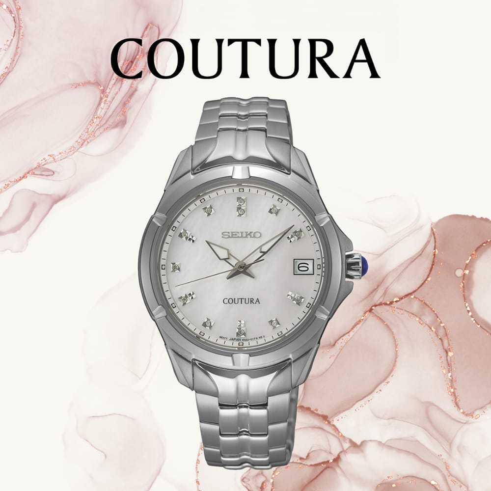Silver Seiko Coutura watch with a white dial