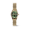 front view of the Daniel Wellington Ophelia Mini Women’s 22mm Quartz Watch DW00100804, showing the oval gold case and emerald green sunray dial. The gold 5-link bracelet is shown in full beneath the case.
