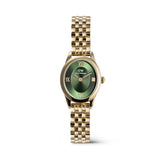 front view of the Daniel Wellington Ophelia Mini Women’s 22mm Quartz Watch DW00100804, showing the oval gold case and emerald green sunray dial. The gold 5-link bracelet is shown in full beneath the case.
