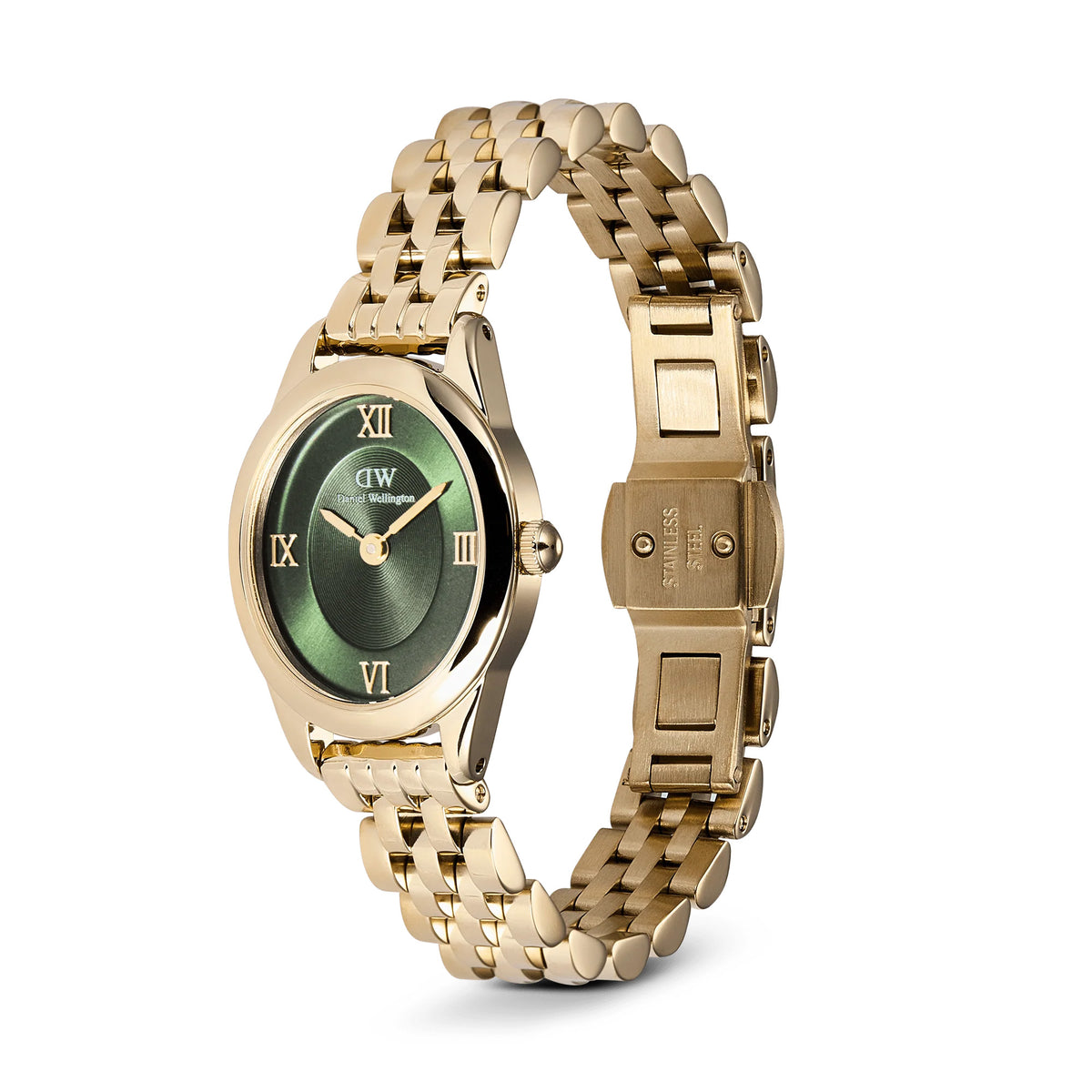 Three-quarter angle view of the Daniel Wellington Ophelia Mini Women’s 22mm Quartz Watch DW00100804, highlighting the polished gold oval case and tapered lugs. The emerald green dial and gold Roman numerals are visible from this angle.