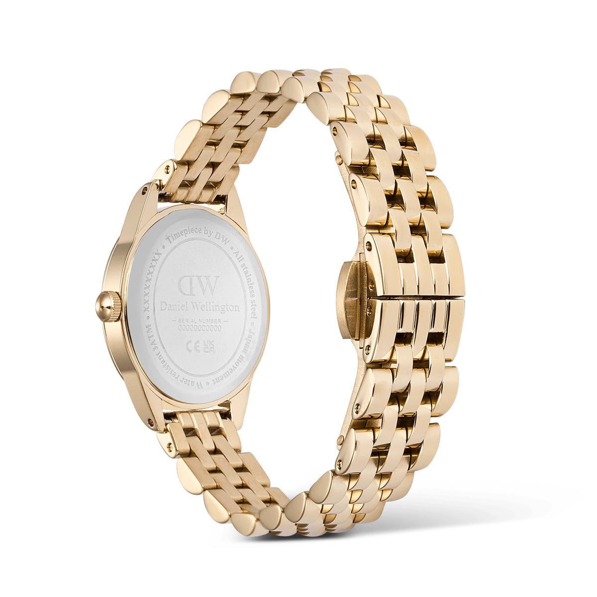 Back of the case on the Daniel Wellington Ophelia Mini Women’s 22mm Quartz Watch DW00100804, showing the stainless steel case back. The gold link bracelet is visible on either side of the case.