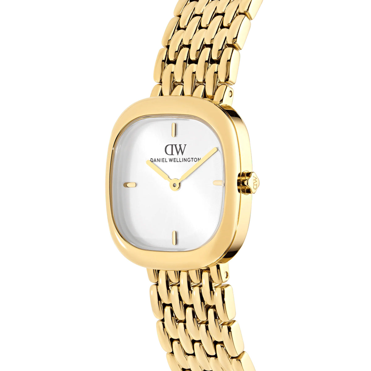 Three-quarter angle view of the Daniel Wellington Corta Grain-Link Women’s 24mm Quartz Watch DW00100993, highlighting the soft square edges of the petite gold cushion case. The white sunray dial and textured gold bracelet are visible from this angle.