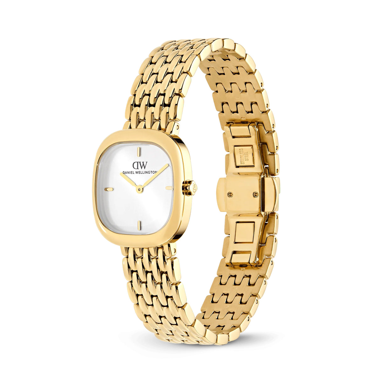 Three-quarter angle view of the Daniel Wellington Corta Grain-Link Women’s 24mm Quartz Watch DW00100993, highlighting the soft square edges of the petite gold cushion case. The white sunray dial and textured gold bracelet are visible from this angle.