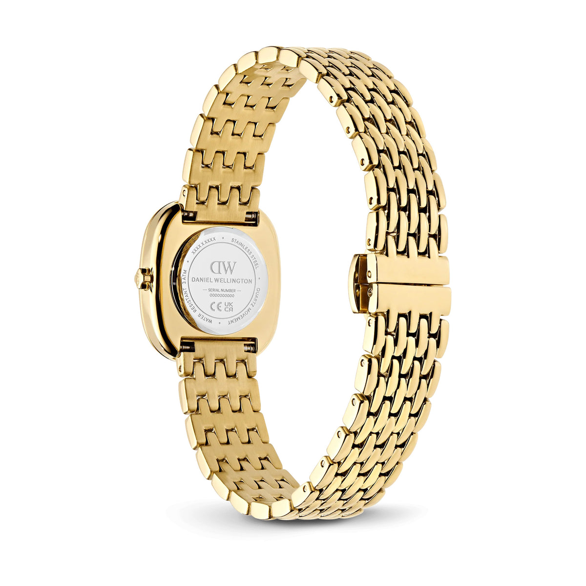 Back of the case on the Daniel Wellington Corta Grain-Link Women’s 24mm Quartz Watch DW00100993, showing the gold-tone stainless steel case back. The grain-link bracelet is visible on either side of the case.