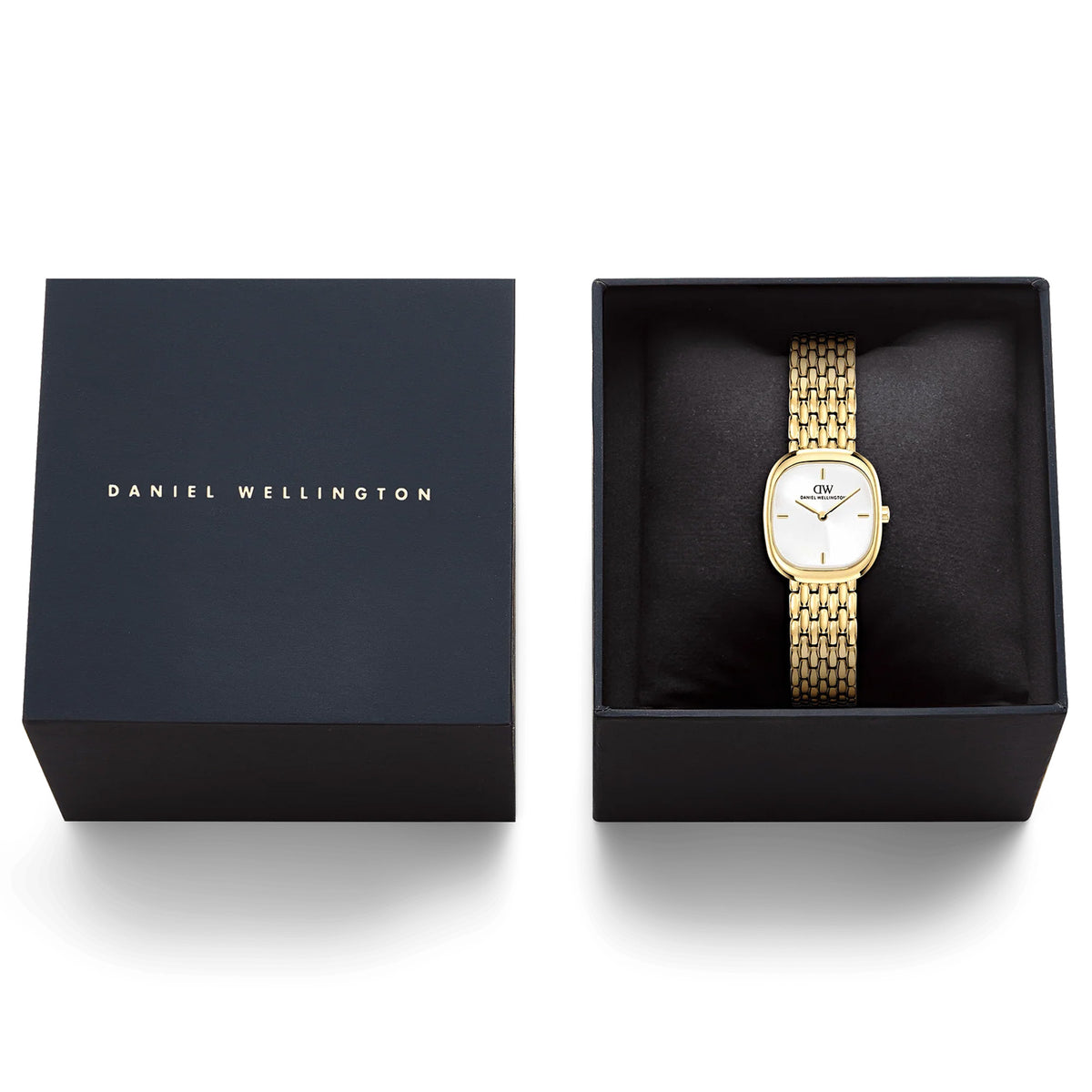 The Daniel Wellington Corta Grain-Link Women’s 24mm Quartz Watch DW00100993 displayed in its Daniel Wellington presentation box. The gold cushion case, white dial and grain-link bracelet are presented ready for gifting.
