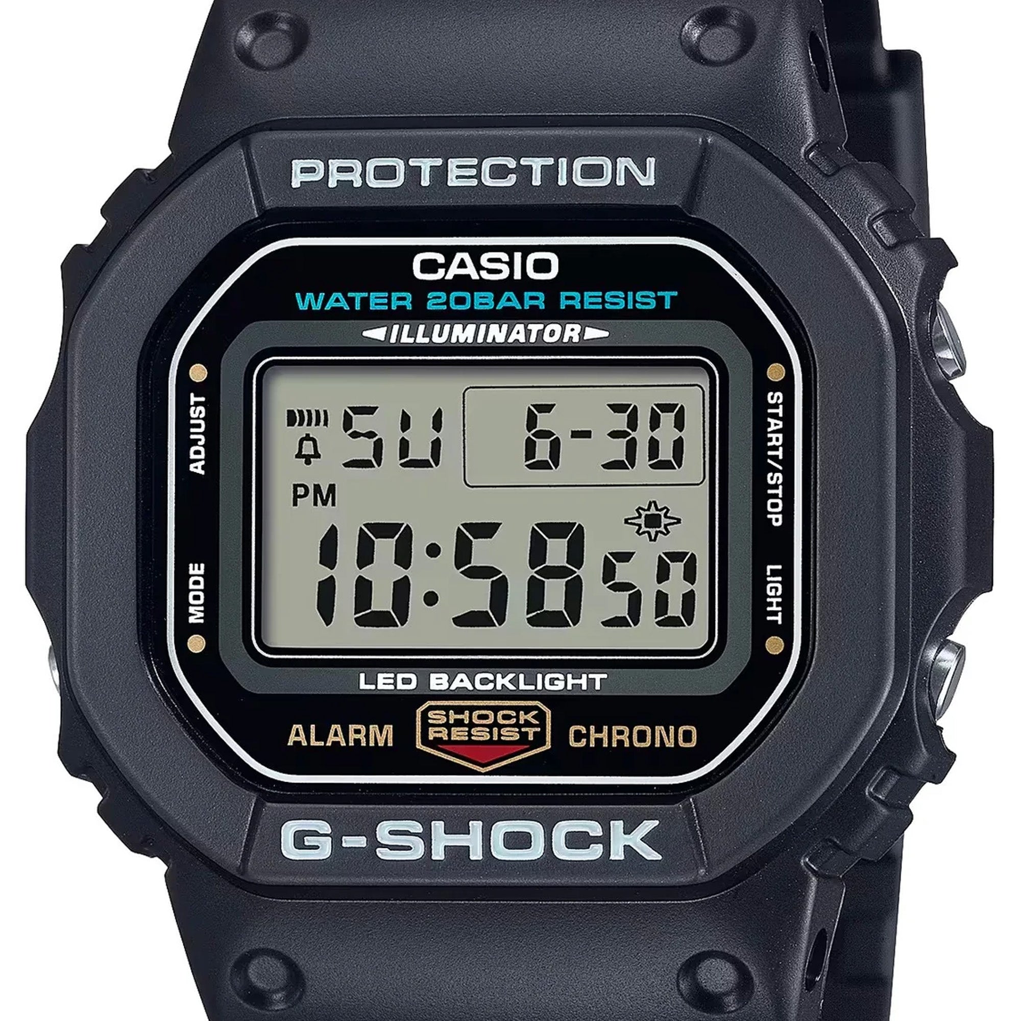 Close up of Casio G-Shock DW5600UE-1D watch front view, featuring the iconic all-black square resin case