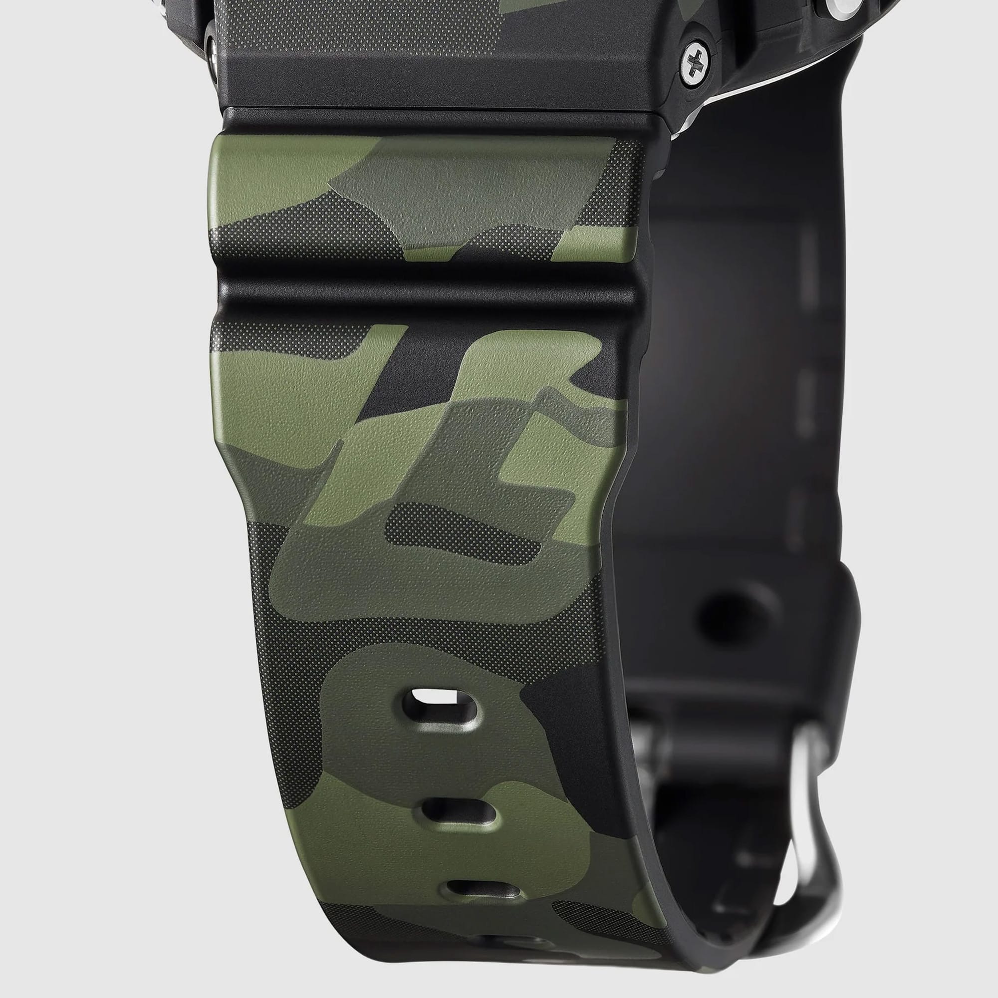 Camouflage-patterned watch band on a gray background