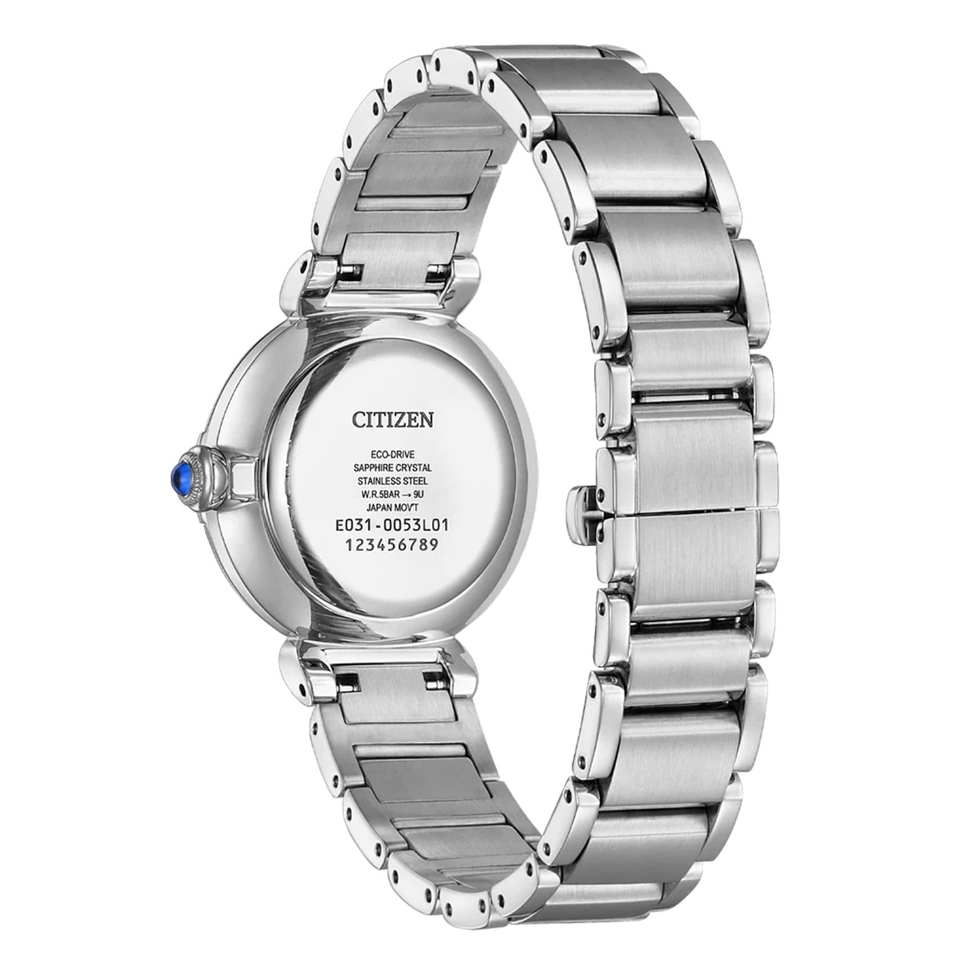 Detail of the stainless steel bracelet construction, shown from behind.
