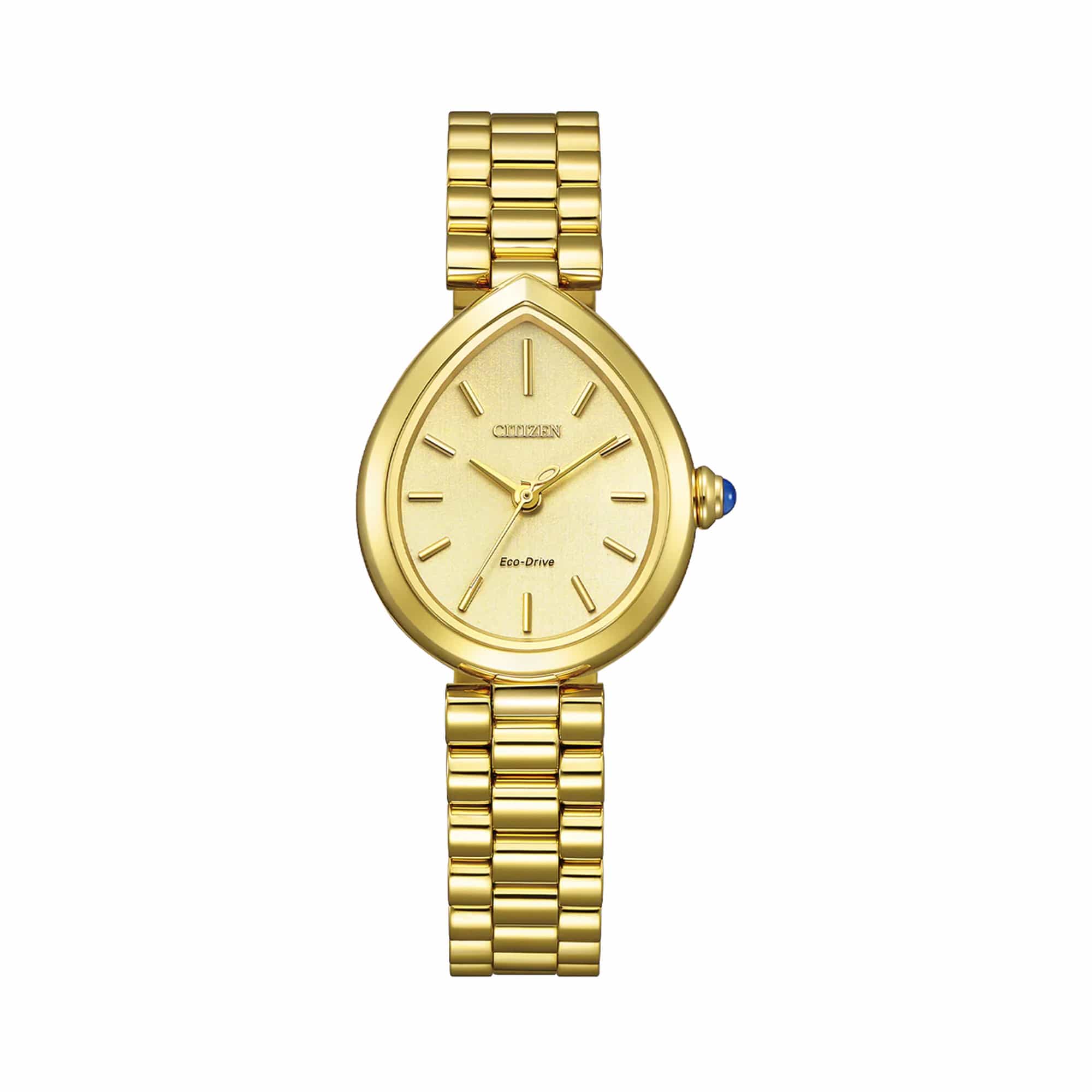 Close-up of the Citizen L Rainell EM1202-50P face, showing the gold-tone dial with brushed finish, applied baton indices, and matching hands. The synthetic sapphire-set crown is visible at the case edge.