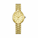 Close-up of the Citizen L Rainell EM1202-50P face, showing the gold-tone dial with brushed finish, applied baton indices, and matching hands. The synthetic sapphire-set crown is visible at the case edge.