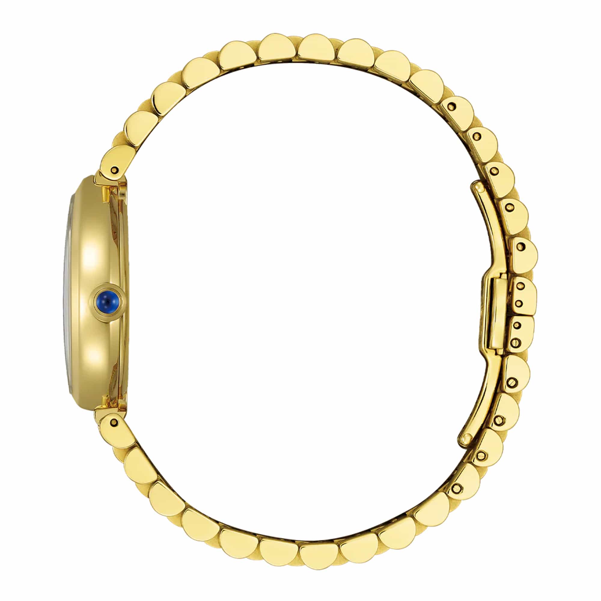 Side view showing the case profile, spherical sapphire crystal, and synthetic sapphire-set crown. The integrated bracelet connects smoothly into the pear-shaped case silhouette.