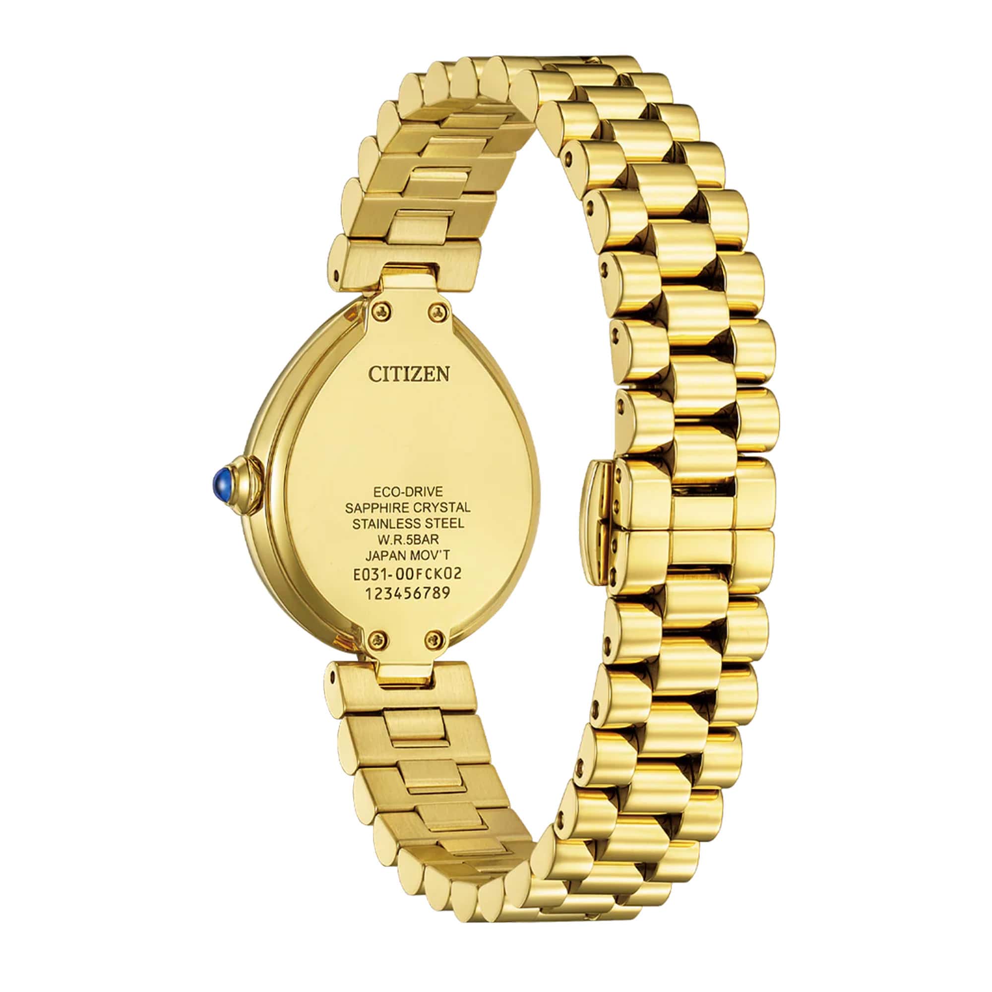 Detail of the gold-tone stainless steel bracelet and deployment clasp with push-button release.
