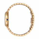 Side view showing the case profile and synthetic sapphire-set crown. The integrated bracelet connects smoothly into the pear-shaped case silhouette.