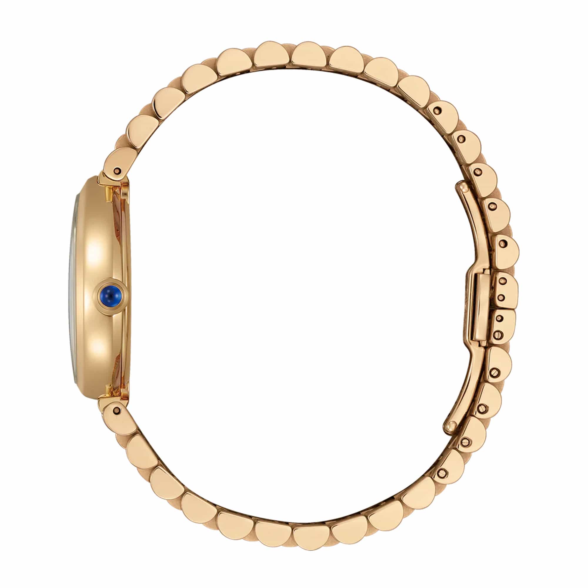 Side view showing the case profile and synthetic sapphire-set crown. The integrated bracelet connects smoothly into the pear-shaped case silhouette.