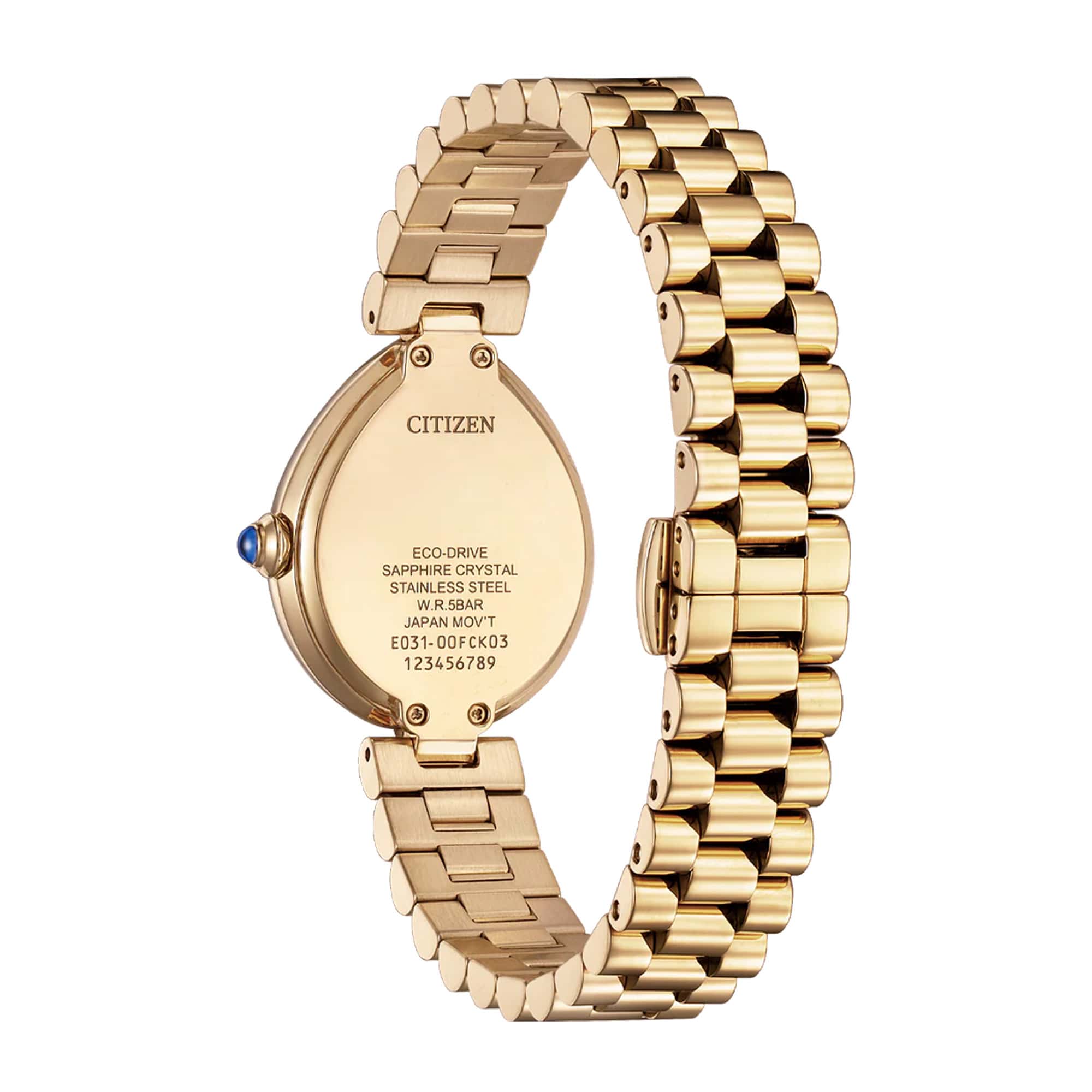 Detail of the rose gold-tone stainless steel bracelet and deployment clasp with push-button release.