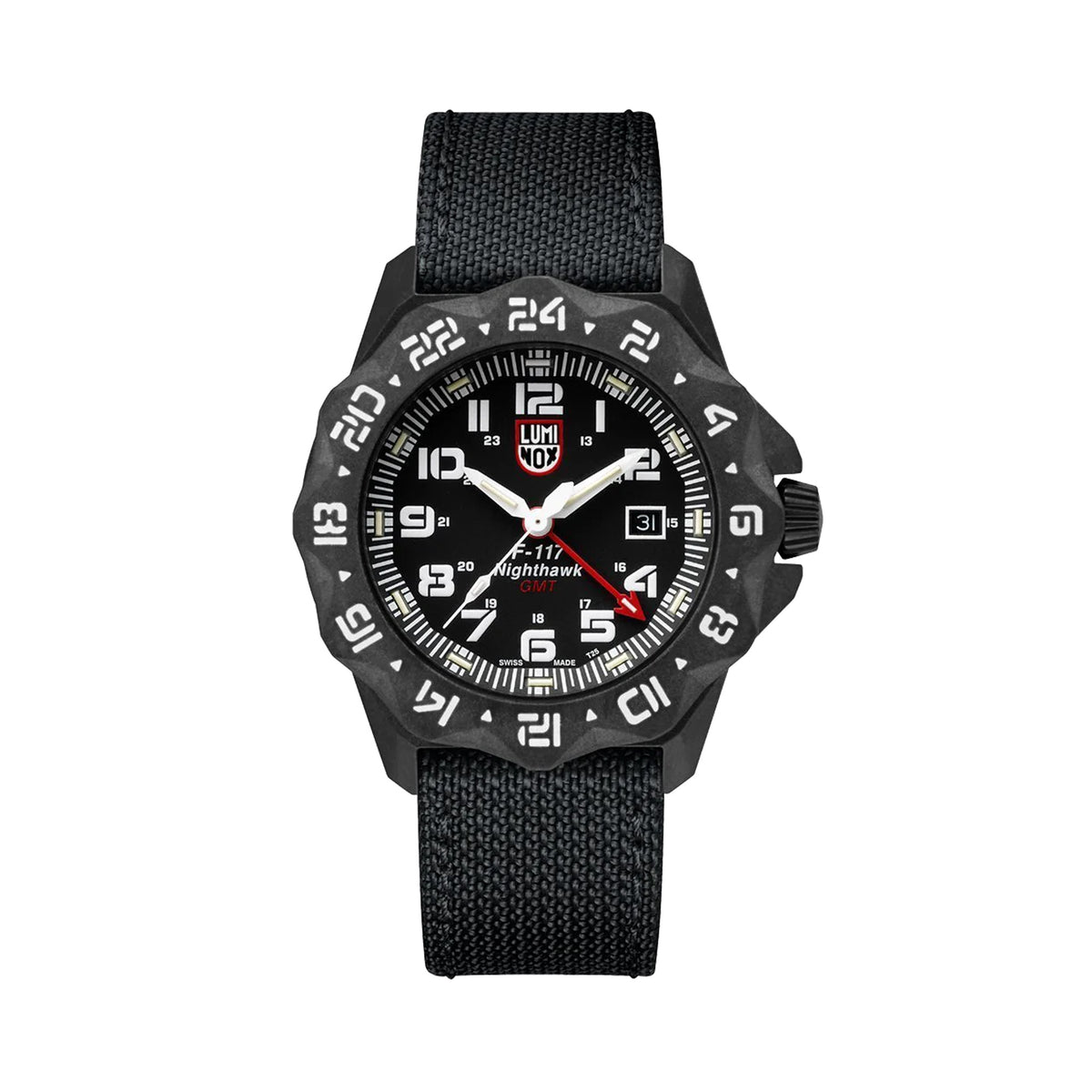 Front view of the Luminox F-117 Nighthawk Men's 44mm Quartz GMT Watch XA.6441 with a black dial and luminous numerals. This F-117 Nighthawk pilot's watch features a black CARBONOX™+ case, an angled bi-directional rotating bezel and a black Kevlar strap.