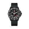 Front view of the Luminox F-117 Nighthawk Men's 44mm Quartz GMT Watch XA.6441 with a black dial and luminous numerals. This F-117 Nighthawk pilot's watch features a black CARBONOX™+ case, an angled bi-directional rotating bezel and a black Kevlar strap.