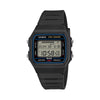 Front-on view of the Casio Vintage Digital Watch F-B100W-1A, in a black resin case with a blue accent ring around the dial. The classic rectangular case shape and digital display are clearly visible from this straight-on angle.