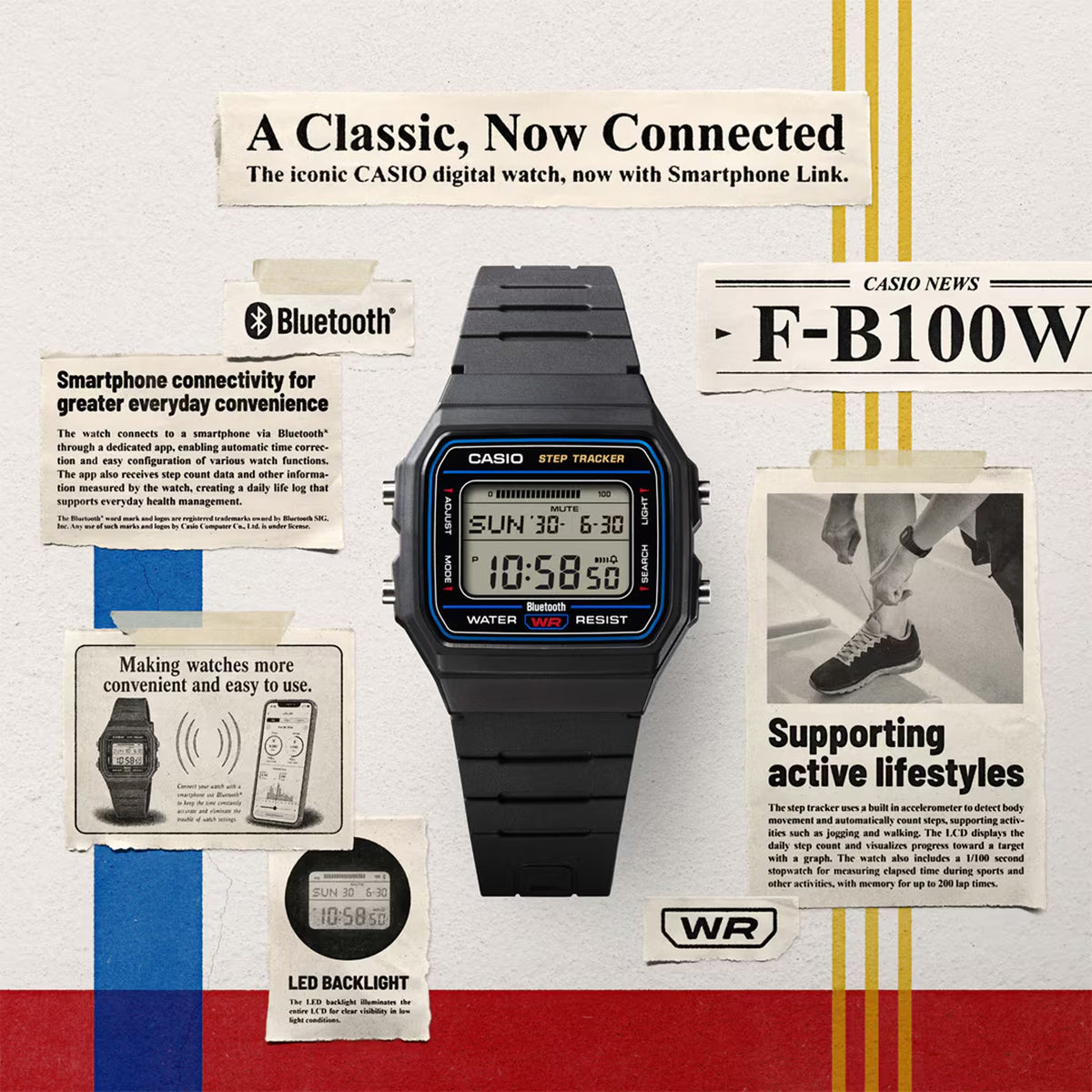 Lifestyle shot of the Casio Vintage Digital Watch F-B100W-1A styled in an active, everyday setting, reflecting its Bluetooth step-tracking function. The black resin case and blue dial accent are shown in a natural, real-world context.
