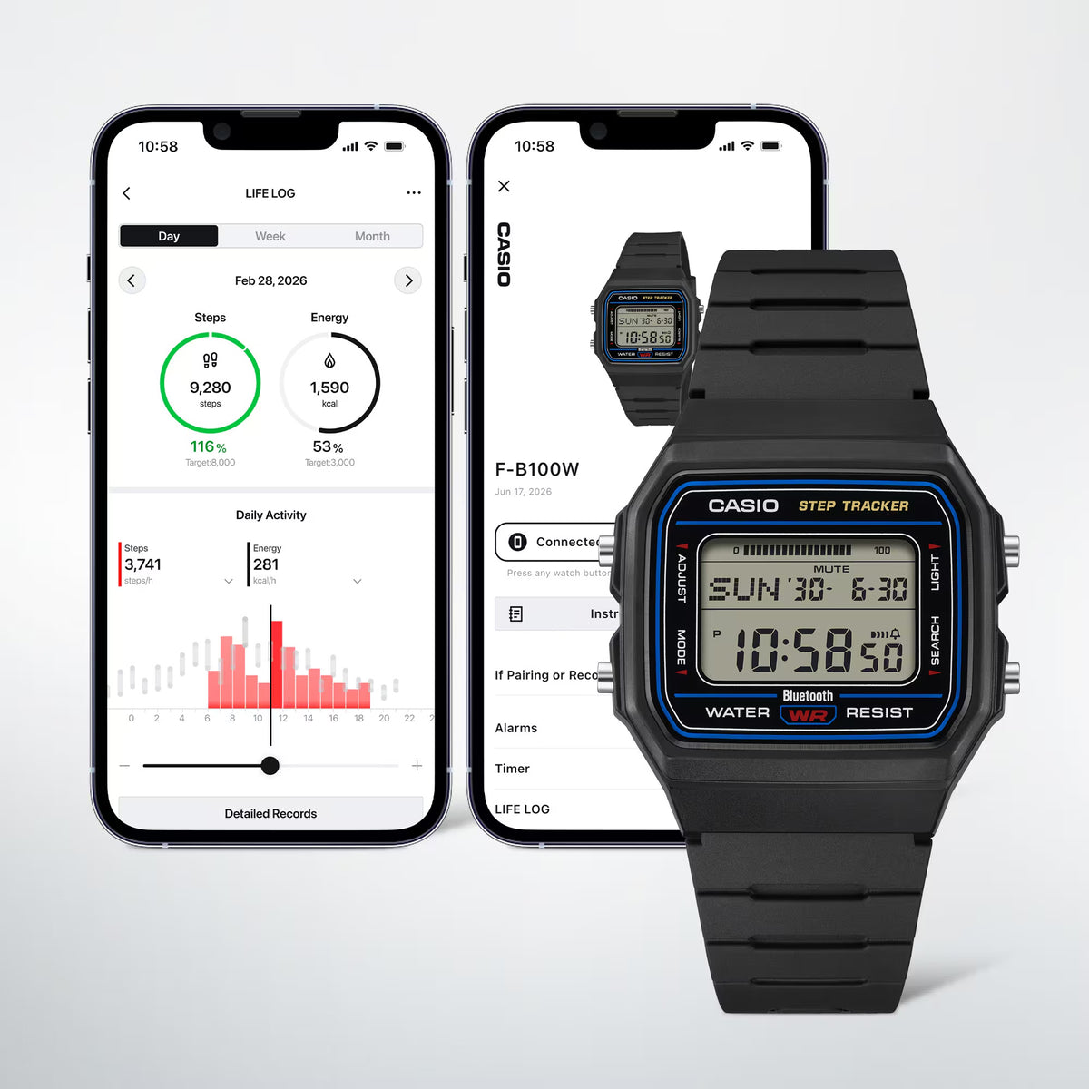 Lifestyle shot of the Casio Vintage Digital Watch F-B100W-1A styled in an active, everyday setting, reflecting its Bluetooth step-tracking function. The black resin case and blue dial accent are shown in a natural, real-world context.