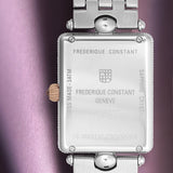 Frederique Constant Classic Quartz Women's Watch FC-200MPW2AC2B shown from the back, featuring the screwed case back that houses the FC-200 quartz movement. The construction supports the watch's 30m water resistance rating.