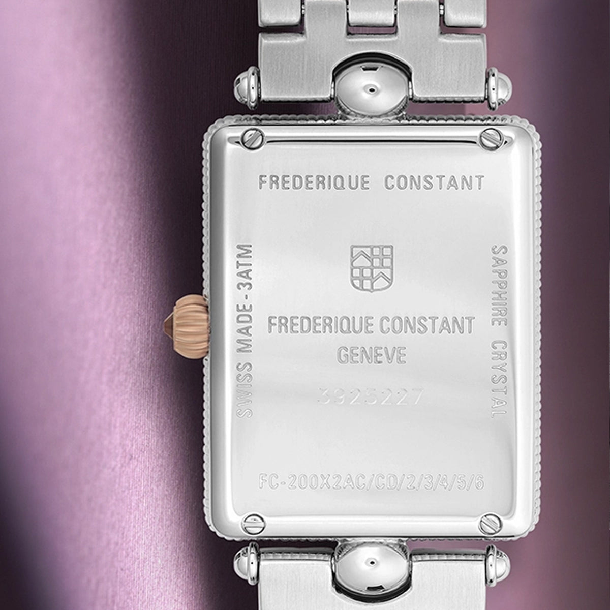 Frederique Constant Classic Quartz Women's Watch FC-200MPW2AC2B shown from the back, featuring the screwed case back that houses the FC-200 quartz movement. The construction supports the watch's 30m water resistance rating.