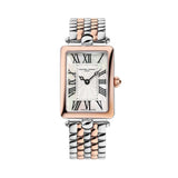 Frederique Constant Classic Quartz Women's Watch FC-200MPW2AC2B viewed front-on, showing the mother-of-pearl guilloché dial with Roman numeral indexes and a minute railway track. The dial sits within the rose gold-tone rectangular case.