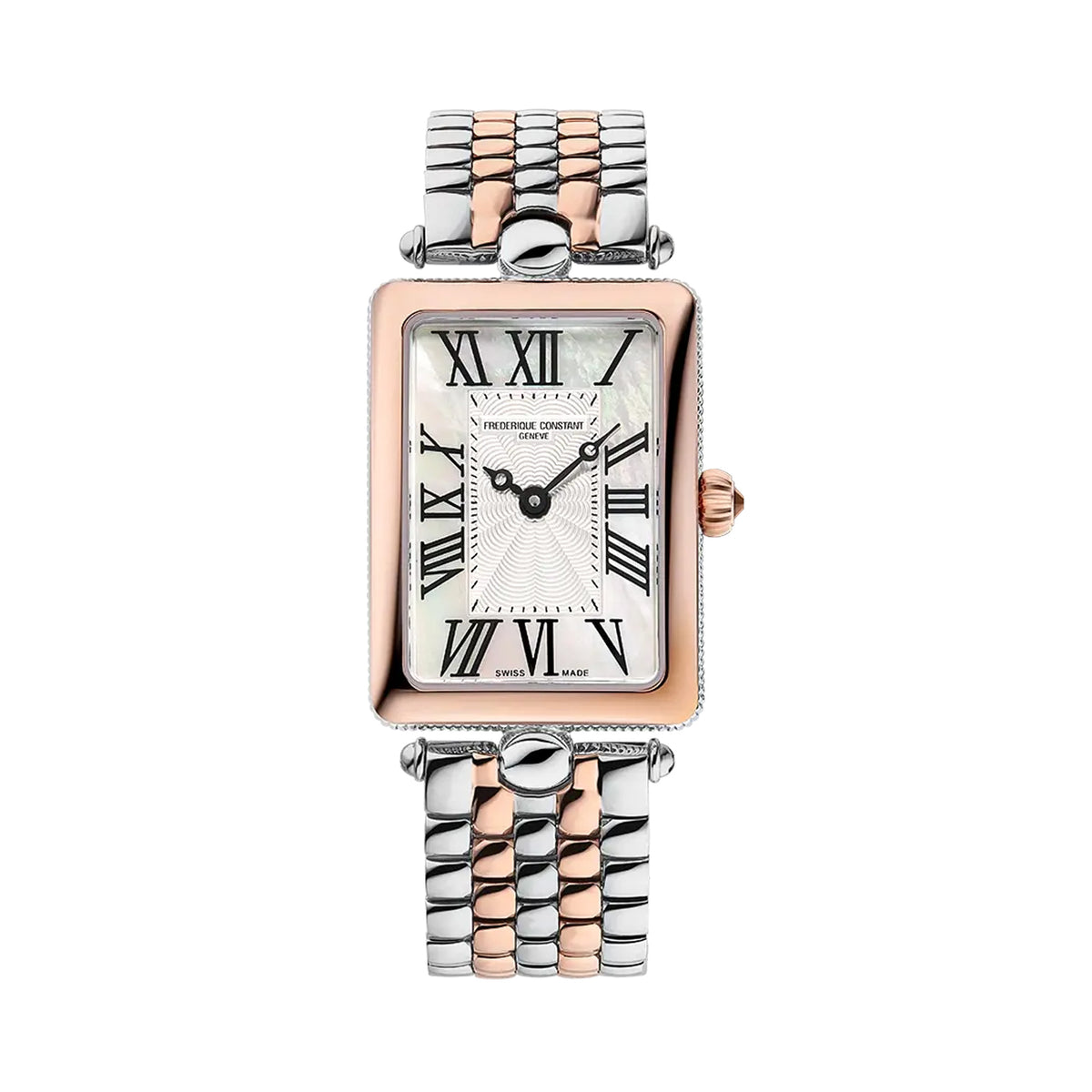 Frederique Constant Classic Quartz Women's Watch FC-200MPW2AC2B viewed front-on, showing the mother-of-pearl guilloché dial with Roman numeral indexes and a minute railway track. The dial sits within the rose gold-tone rectangular case.
