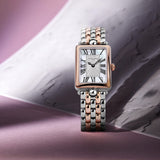 Frederique Constant Classic Quartz Women's Watch FC-200MPW2AC2B styled in a lifestyle setting, reflecting its Art Déco-inspired, jewellery-led design suited to dressier occasions. The rose gold-tone finish and mother-of-pearl dial complement a refined, feminine look.
