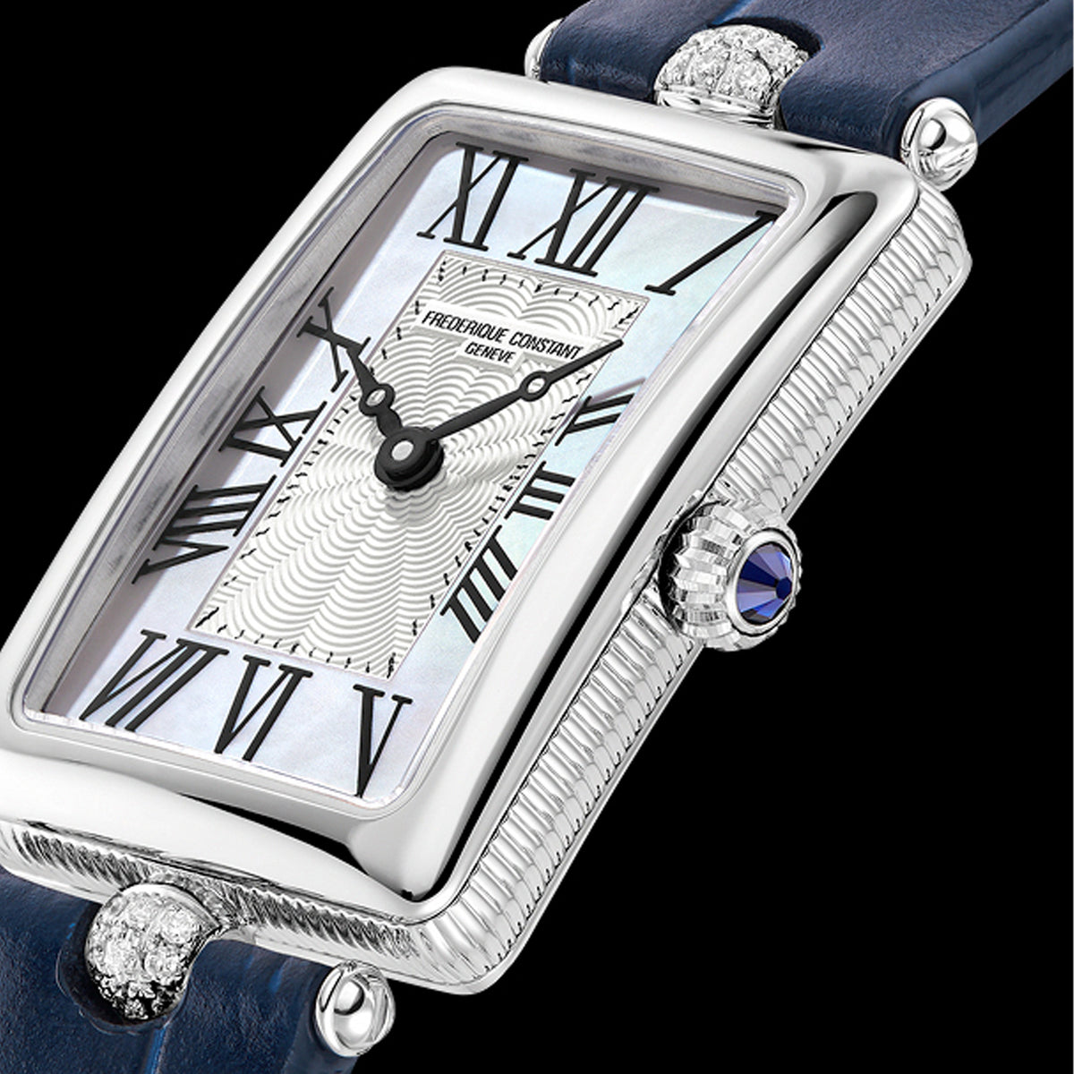 Frederique Constant Classic Carrée Quartz Women's 28mm Watch FC-200MPW2AC2D6 styled in a lifestyle setting, reflecting its elegant, Art Déco-inspired design suited to dressier occasions. The mother-of-pearl dial and diamond detailing complement a refined, feminine look.