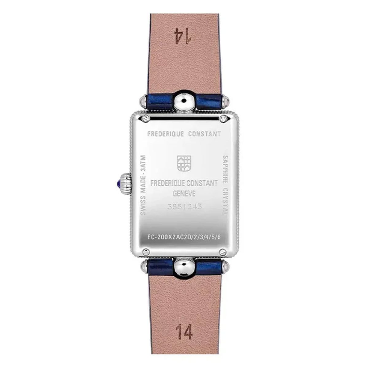 Frederique Constant Classic Carrée Quartz Women's 28mm Watch FC-200MPW2AC2D6 shown from the back, featuring the stainless steel case back that houses the FC-200 quartz movement. The construction supports the watch's 30m water resistance rating.