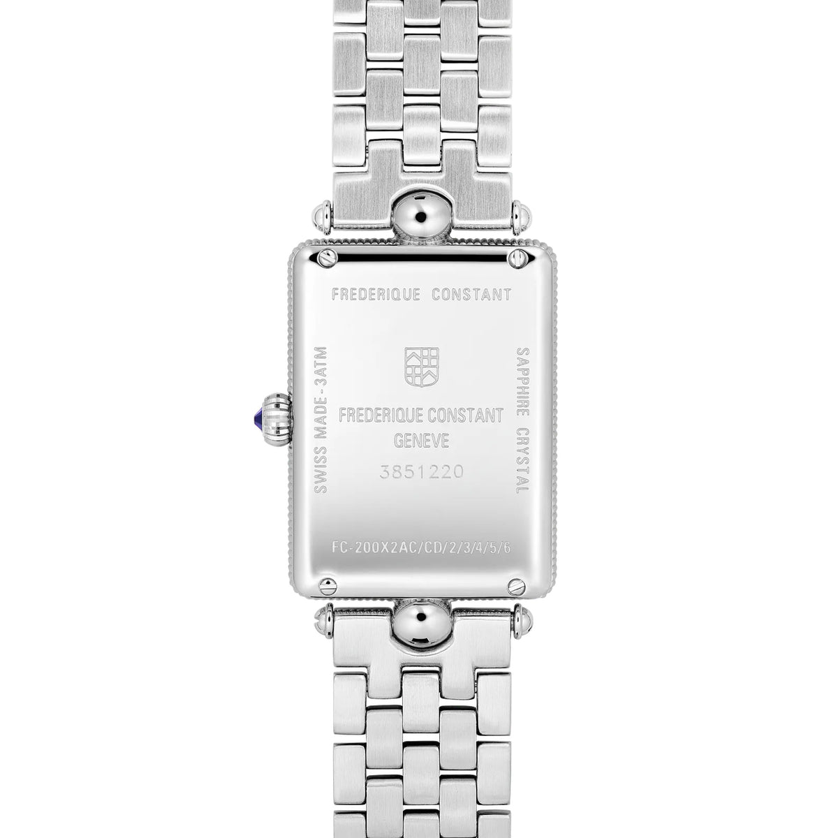 Frederique Constant Women's 28mm Stainless Steel Quartz Watch FC-200MPW2AC6B shown from the back, featuring the stainless steel case back that houses the FC-200 quartz movement. The construction supports the watch's 30m water resistance rating.