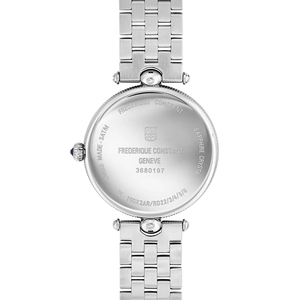 Frederique Constant Classics Art Deco Round Women's 30mm Watch FC-200MPW2AR6B shown from the back, featuring the solid stainless steel case back that houses the FC-200 quartz movement. The snap construction supports the watch's 30m water resistance rating.