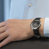 Frederique Constant 37mm Quartz Moonphase Watch FC-206B3S6 worn on the wrist, demonstrating the comfortable fit of its 37mm case and leather strap. The moonphase display adds a subtle decorative detail to the wrist.