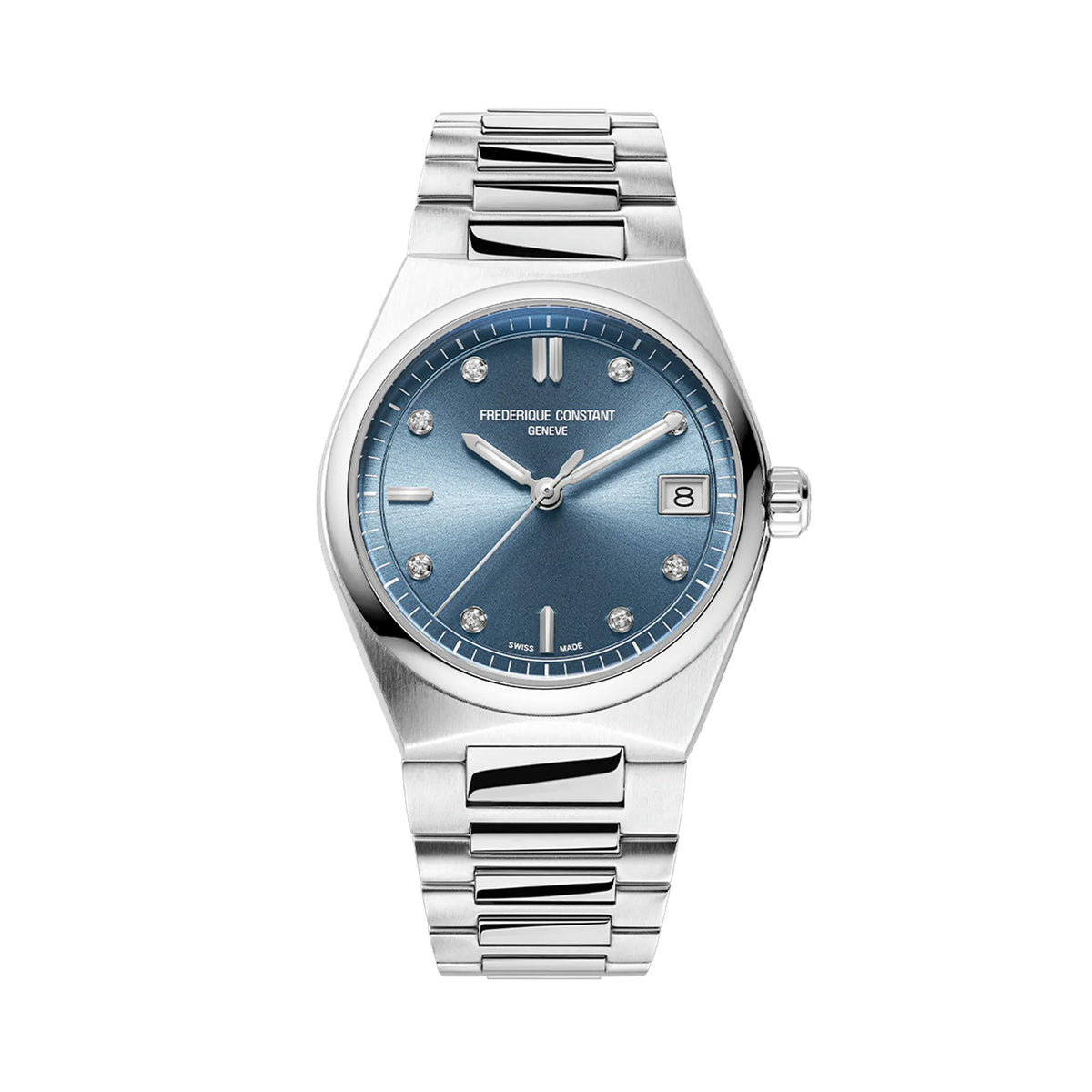 Frederique Constant Highlife Women's 31mm Quartz Stainless Steel Watch FC-240LND2NH26B viewed front-on, showing the metallic icy blue sunray dial with luminous and diamond hour markers. A date window sits within the dial alongside silver-tone hands.