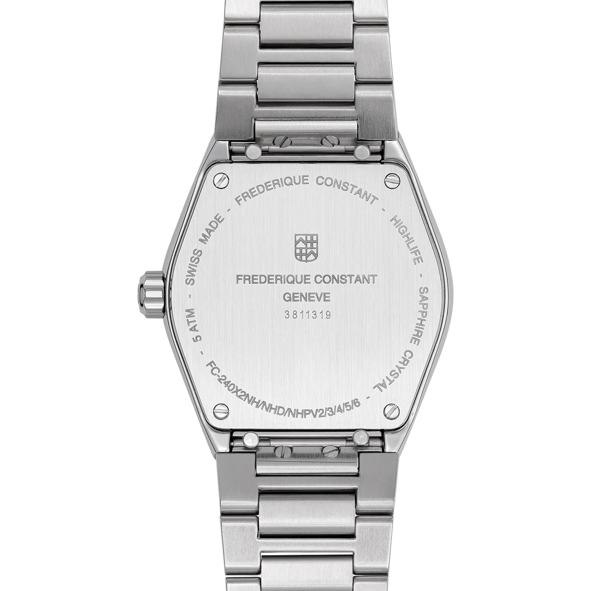 Frederique Constant Highlife Women's 31mm Quartz Stainless Steel Watch FC-240LND2NH26B shown from the back, featuring the screwed stainless steel case back that houses the FC-240 quartz movement. The construction supports the watch's 50m water resistance rating.