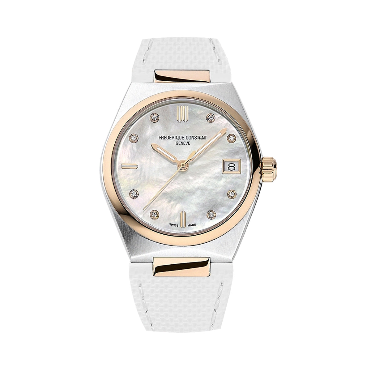 Frederique Constant Highlife Quartz Women's 31mm Watch FC-240MPWD2NH22B viewed front-on with a white rubber strap