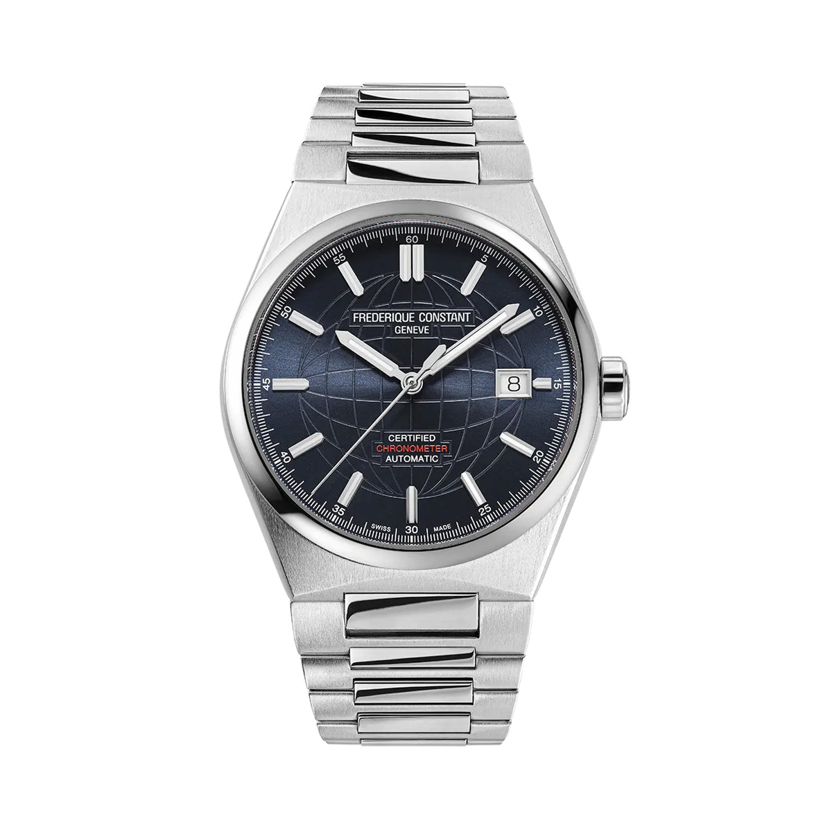 Frederique Constant Highlife Automatic COSC Men's 39mm Chronometer Watch FC-303BL3NH6B viewed front-on, showing the blue dial with an embossed globe pattern and applied indexes. The stainless steel case frames a date window and luminous hour and minute hands positioned at 3 o'clock.