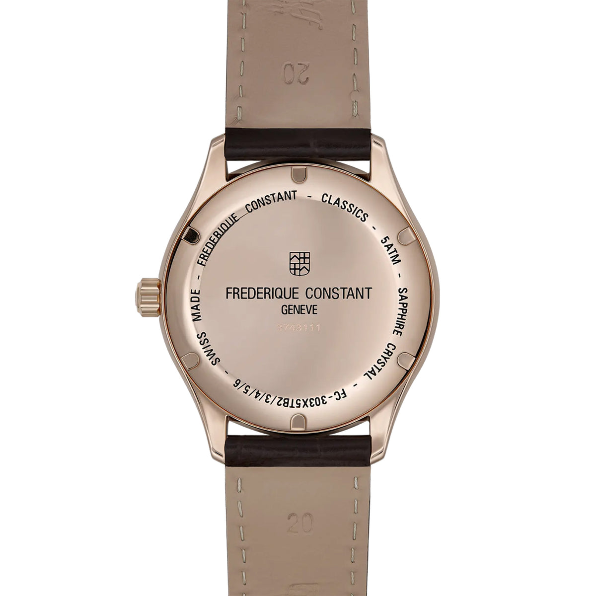 Frederique Constant Men's 40mm Stainless Steel Automatic Watch FC-303MC5B4 shown from the back, featuring the solid case back that houses the FC-303 automatic movement. The construction supports the watch's 50m water resistance rating.
