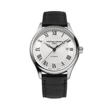 Frederique Constant Classic Automatic Men's 40mm Watch FC-303MC5B6 viewed front-on, showing the silver dial with printed black Roman numeral markers and luminescent accents. A date window sits within the dial alongside the automatic hour and minute hands.