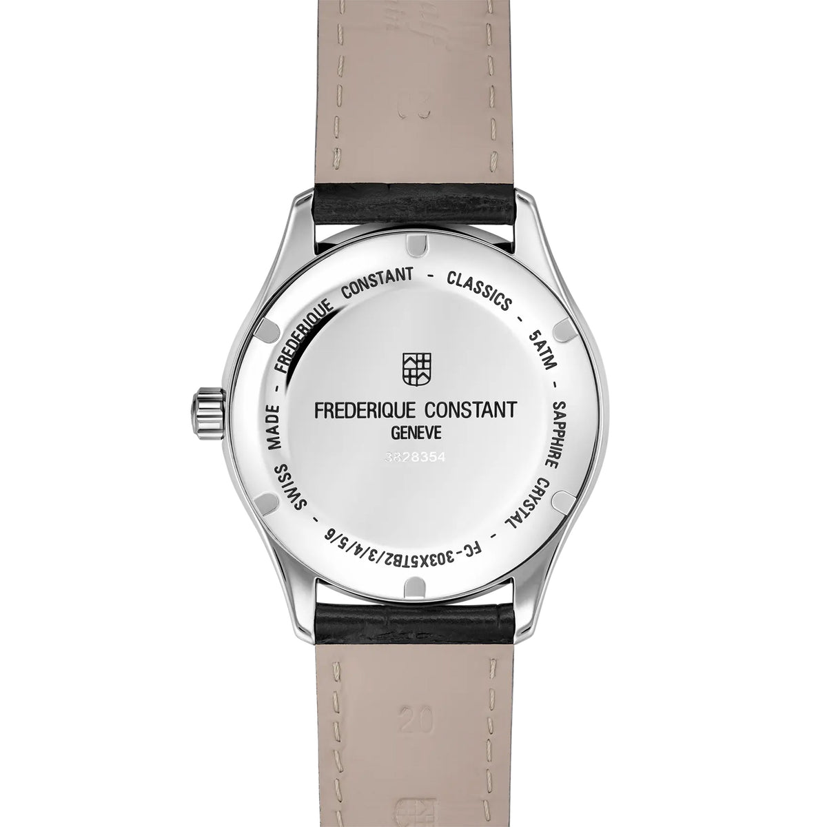 Frederique Constant Classic Automatic Men's 40mm Watch FC-303MC5B6 shown from the back, featuring the case back that houses the FC-303 automatic movement. The construction supports reliable, battery-free performance.