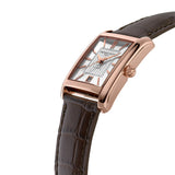 Frederique Constant Classics Carrée Automatic Men's 30mm Watch FC-303V4C4 photographed at a three-quarter angle, highlighting the rose gold-plated finish and architectural lines of the case. The brown crocodile-embossed leather strap complements the case colour.