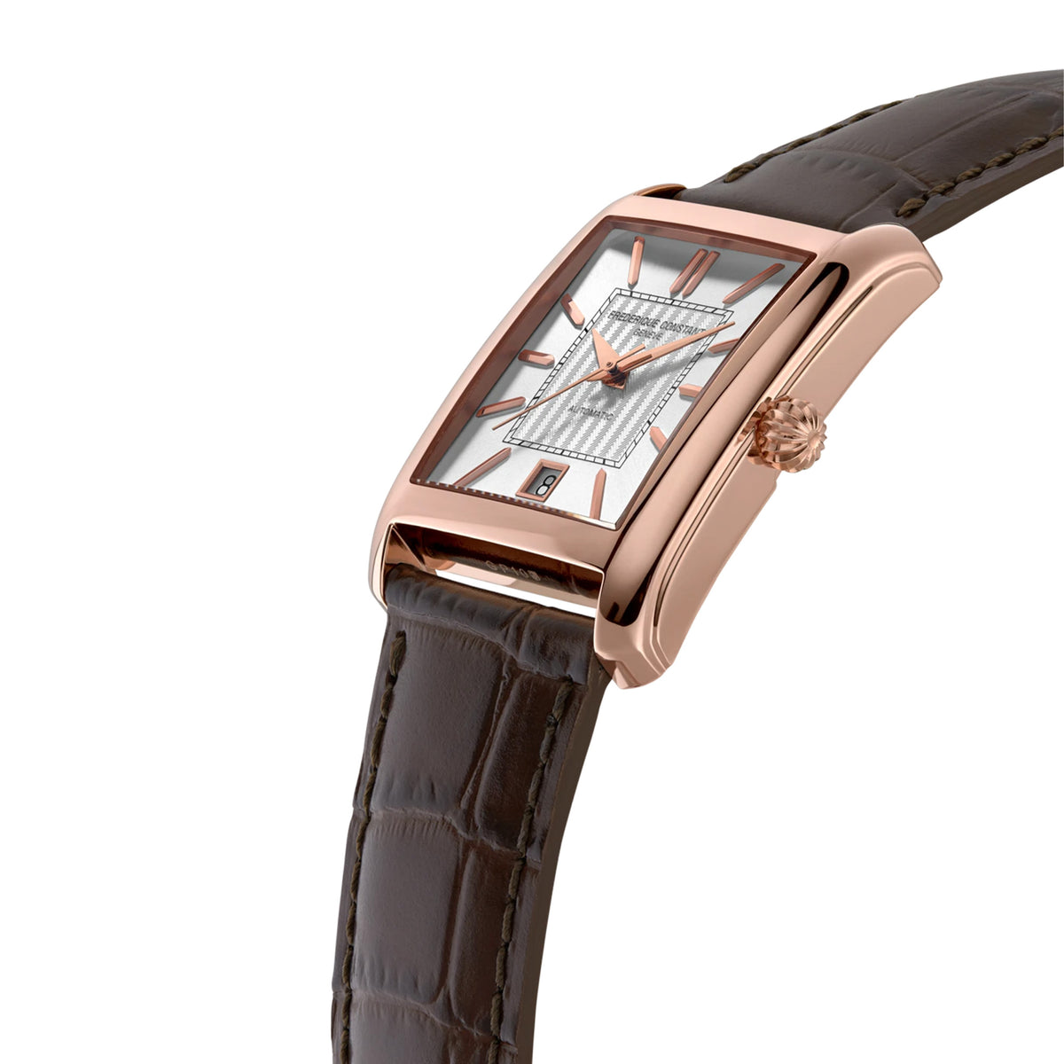 Frederique Constant Classics Carrée Automatic Men's 30mm Watch FC-303V4C4 photographed at a three-quarter angle, highlighting the rose gold-plated finish and architectural lines of the case. The brown crocodile-embossed leather strap complements the case colour.