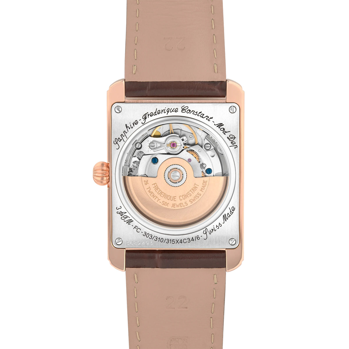 Frederique Constant Classics Carrée Automatic Men's 30mm Watch FC-303V4C4 shown from the back, featuring the exhibition case back that reveals the FC-303 automatic movement. The sapphire crystal window highlights the 38-hour power reserve mechanism.