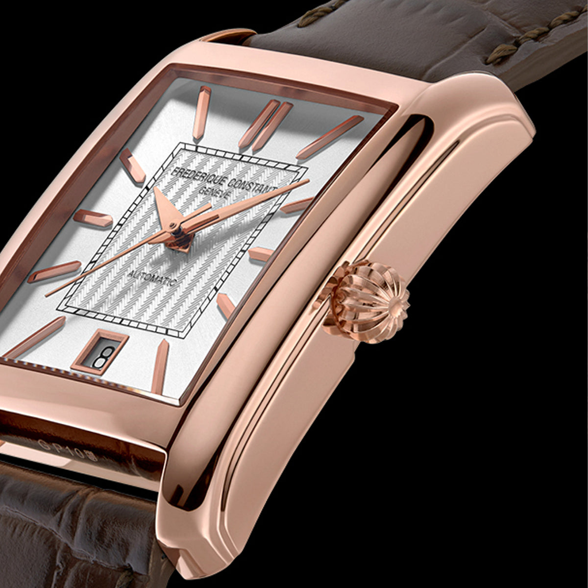 Frederique Constant Classics Carrée Automatic Men's 30mm Watch FC-303V4C4 styled in a lifestyle setting, reflecting its retro 1920s-inspired design suited to smart-casual and formal occasions. The rose gold-tone finish and leather strap complement a refined, vintage-influenced look.