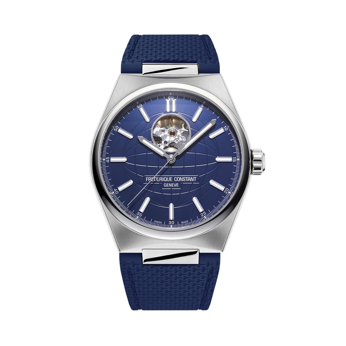 Frederique Constant Men's 41mm Stainless Steel Automatic Watch FC-310N4NH6B viewed front-on, showing the blue matt dial with an embossed globe pattern and applied indexes. An open heart aperture at 12 o'clock reveals part of the movement, with silver hands set against the dial.